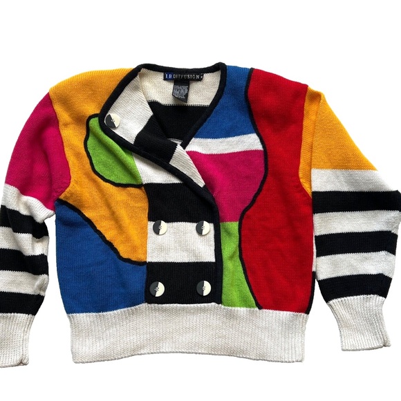 I.B. DIFFUSION Vintage Sweater Sz S Oversized Colourful Geometric Bright 90s - Picture 6 of 6